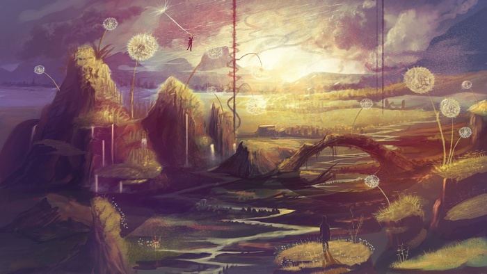 Fantasy landscape with dandelions and figures