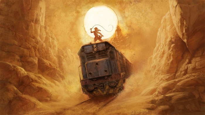 Indiana Jones on a train in a desert canyon