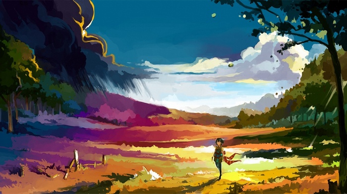 Fantasy art of a person walking through a colorful landscape