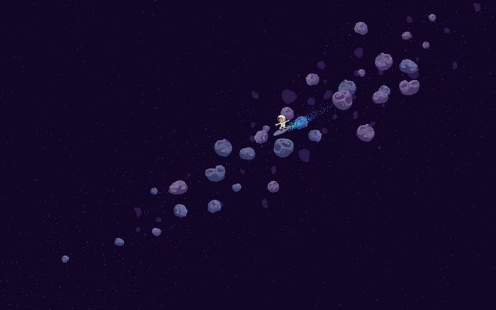Astronaut surfing through an asteroid field in space