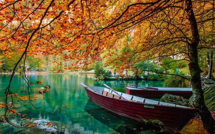 Autumn lake with boats and colorful leaves