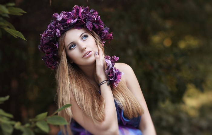 bare shoulders, long hair, open mouth, trees, depth of field, model, wreaths, blue eyes, women, leaves, flowers, nature, blonde, women outdoors, looking up
