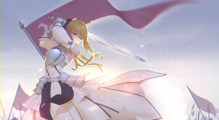 Saber Lily with sword and banner in battle