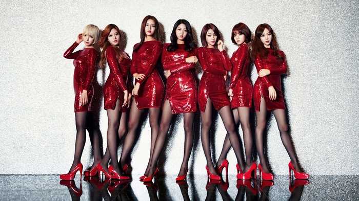 AOA K-pop singers in red sequined dresses