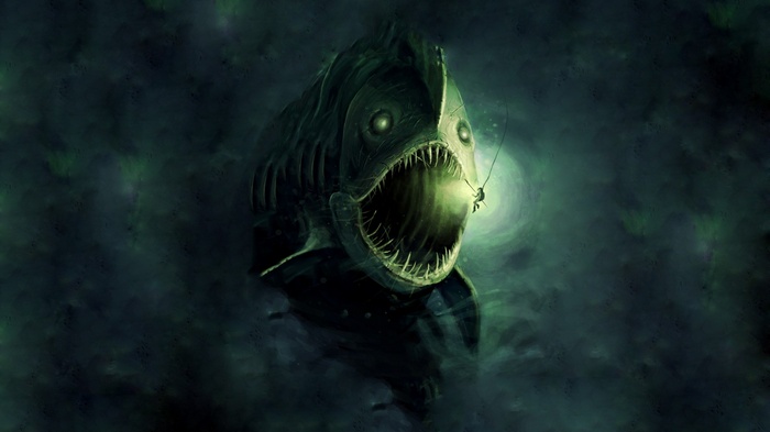 deep sea, Anglerfish, fish, open mouth, lights, divers, fangs, underwater, sea monsters, digital art, painting, harpoons