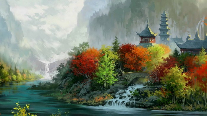 valley, forest, waterfall, trees, painting, fall, house, Asian architecture, artwork, digital art, mountains, landscape, tower, river, nature, leaves, bridge