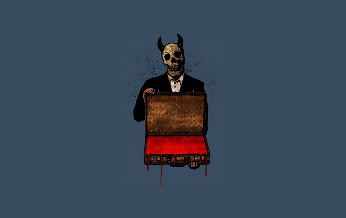 Devil in a suit holding a bloody briefcase
