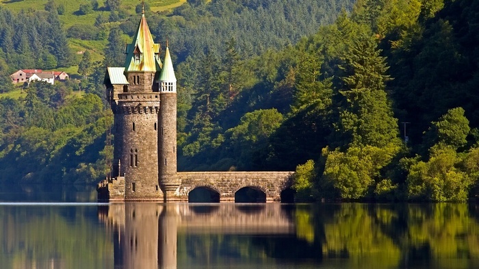ancient, water, Wales, house, Vyrnwy Tower, castle, nature, lake, forest, bridge, hills, architecture, landscape, trees, UK, clouds, sky, reflection