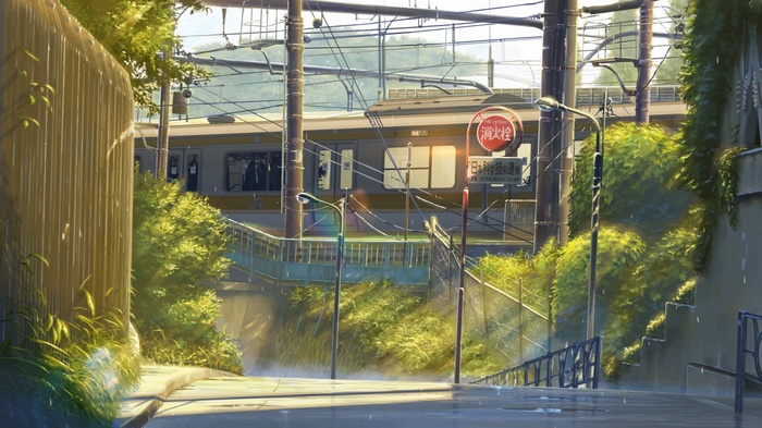 Anime train station with rain and greenery