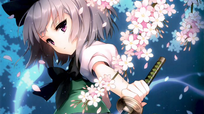 Konpaku Youmu with cherry blossoms and katana