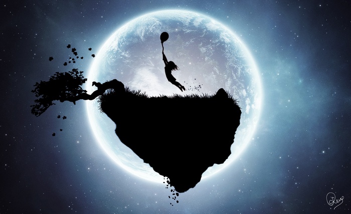 Silhouette of a child holding a balloon on a floating island