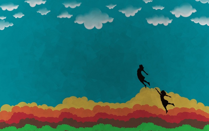 Two silhouettes of girls jumping in the sky