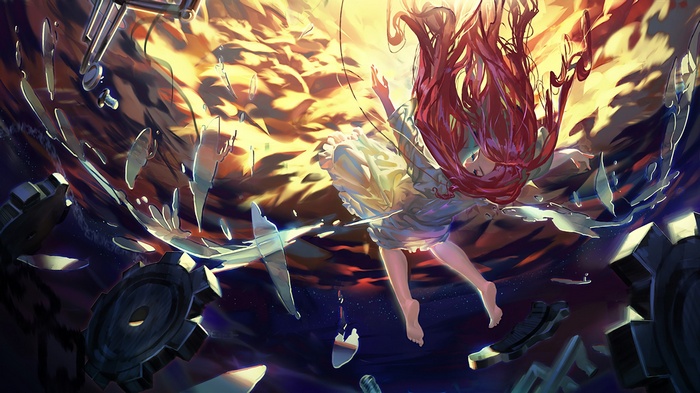 Anime girl falling amidst shattered gears and light