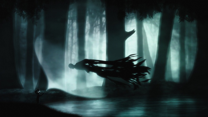 A dark forest with a ghostly figure and a small creature