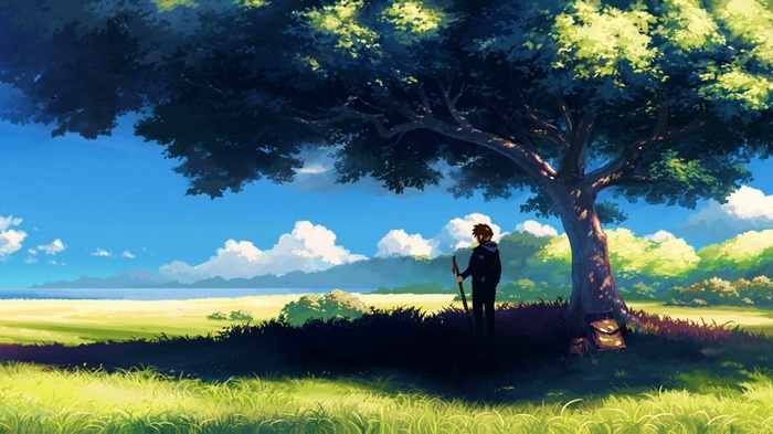 sky, nature, grass, trees, anime, anime boys