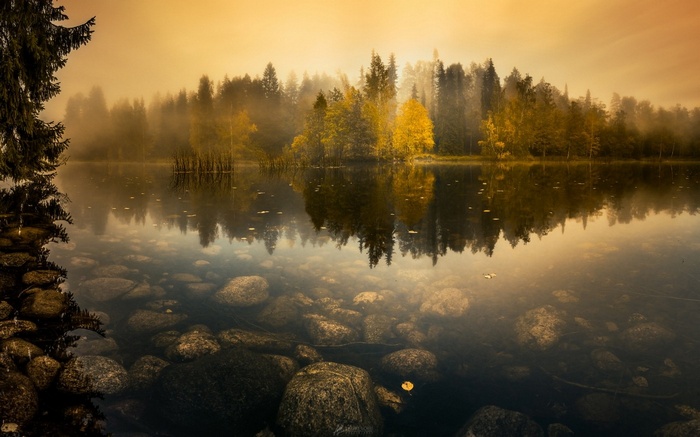 Misty lake with autumn trees and stones in Finland