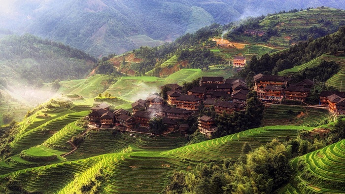 town, mountains, house, Yangshuo County, trees, Tian Tou Village, village, China
