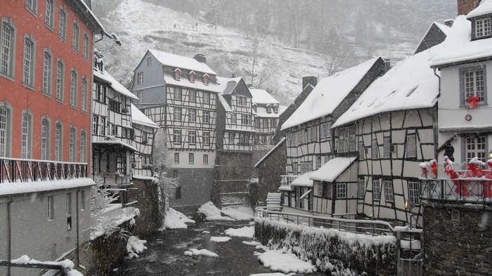 Half-timbered houses in a snowy German village