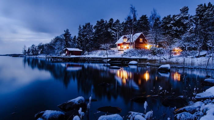 night, space, winter, lake, landscape