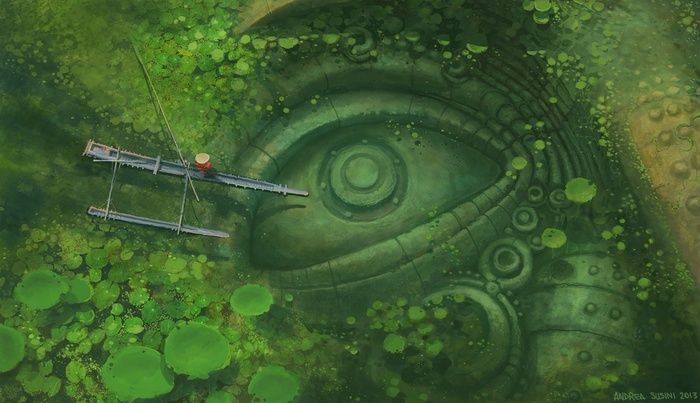 Ancient stone eye sculpture in a lotus pond with a boat