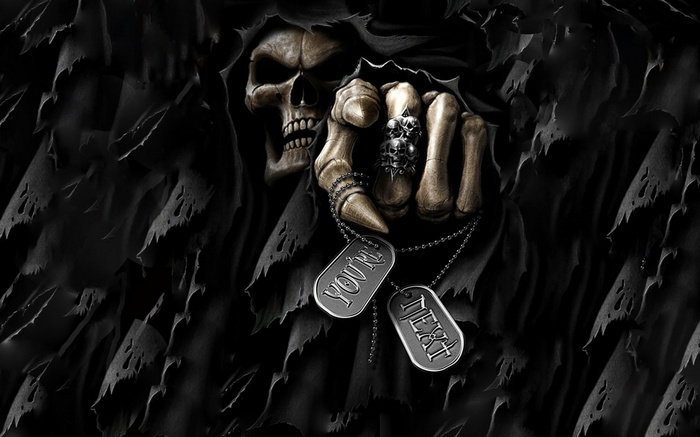 rings, death, spooky, teeth, dark, text, Grim Reaper, skull, digital art, bones