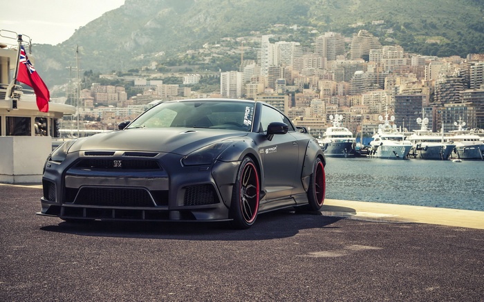 Matte Black Nissan GTR with Red Accents in Monaco