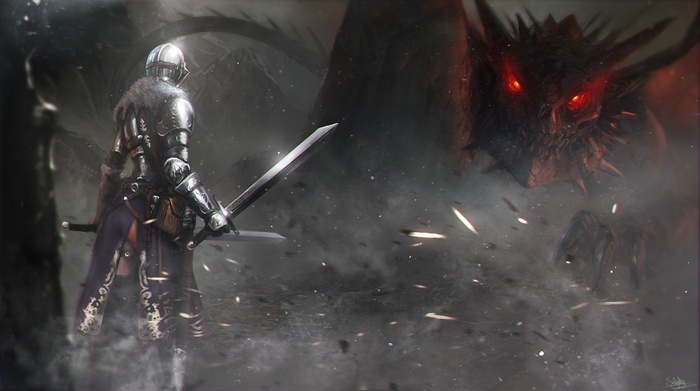 Dark Souls Knight Fighting a Dragon