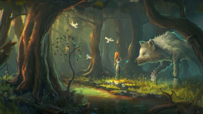 Fantasy art of a girl and a wolf in a forest