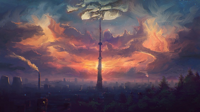 Cityscape with a tall tower and dramatic clouds