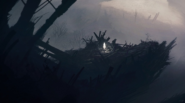 Ghostly figure in a ruined ship in a foggy forest