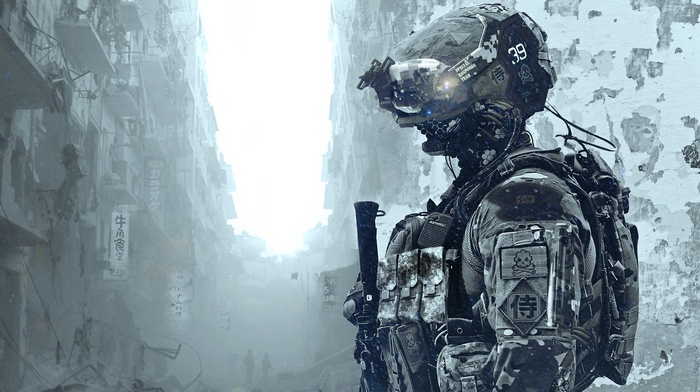 Cyberpunk Soldier in Ruined City