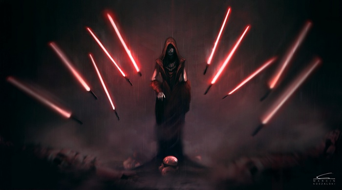Star Wars Sith Lord surrounded by red lightsabers