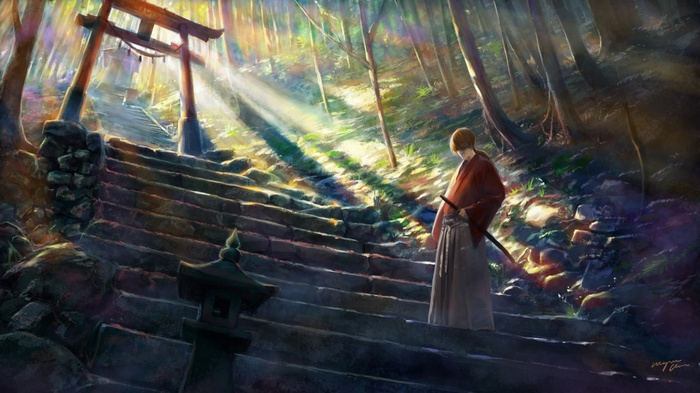 Samurai Himura Kenshin Ascends Stone Stairs Under Torii Gate