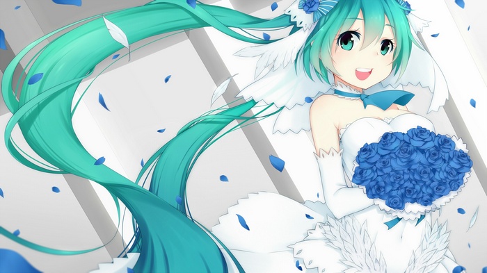 Hatsune Miku in a wedding dress holding blue roses