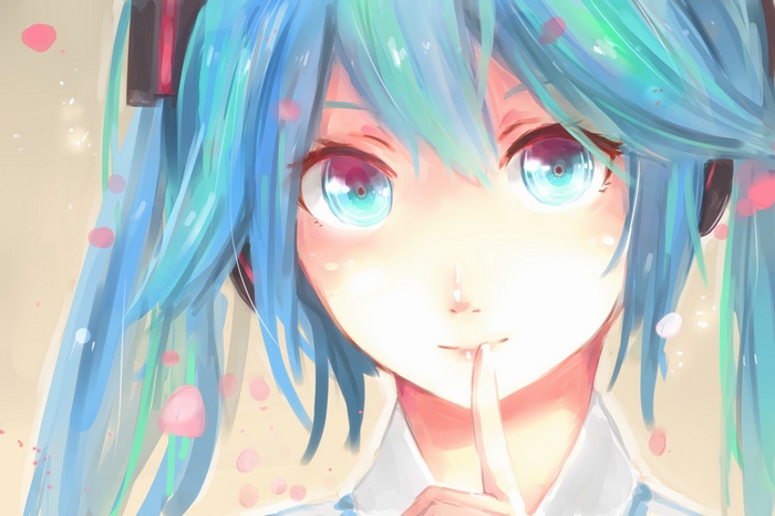 Hatsune Miku with blue twintails and pink petals