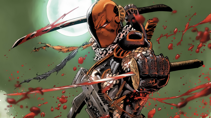 Deathstroke holding bloody swords and gun