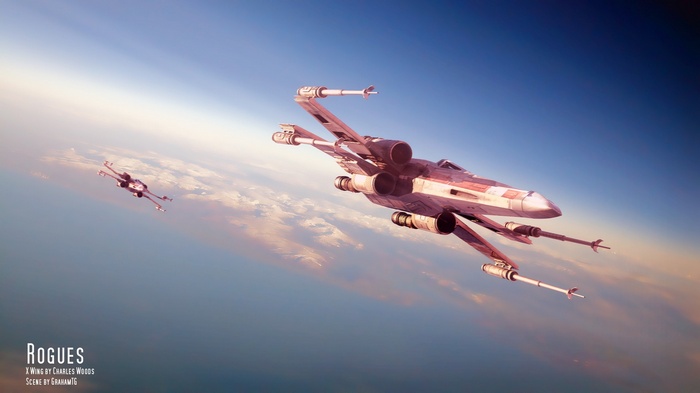 Star Wars X-wings flying over clouds