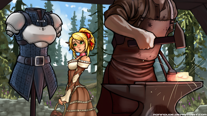 Elf girl at a blacksmith shop with armor