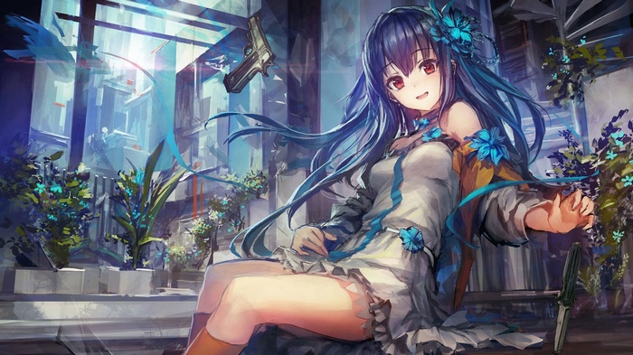 Anime girl with blue hair and flowers