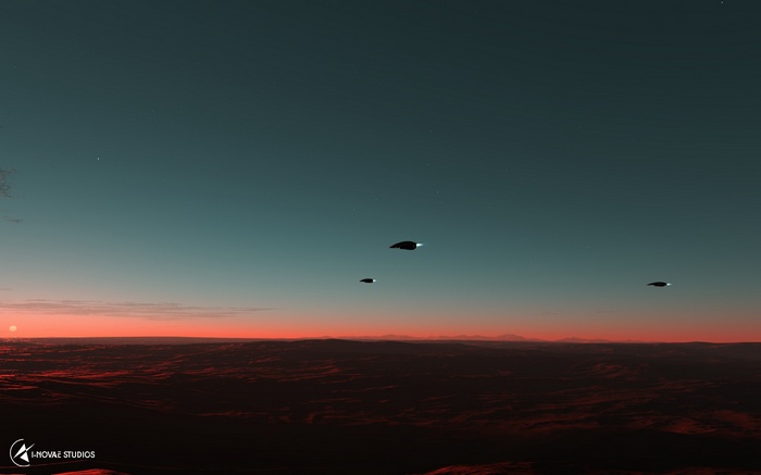 Spaceships flying over a red planet at sunset