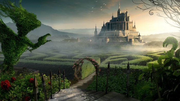 nature, maze, flowers, plants, mazes, digital art, castle, hills, sunlight, sky, clouds, branch, architecture, tower, trees, birds, fantasy art, leaves, CGI, mist, forest, stairs, landscape