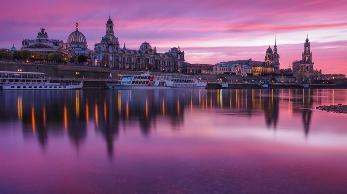 trees, bridge, cityscape, clouds, history, cathedral, city, church, stones, forest, Germany, architecture, cruise ship, castle, Dresden, river, building, lights, sculpture, sky, ship, reflection, evening, sunset, tower