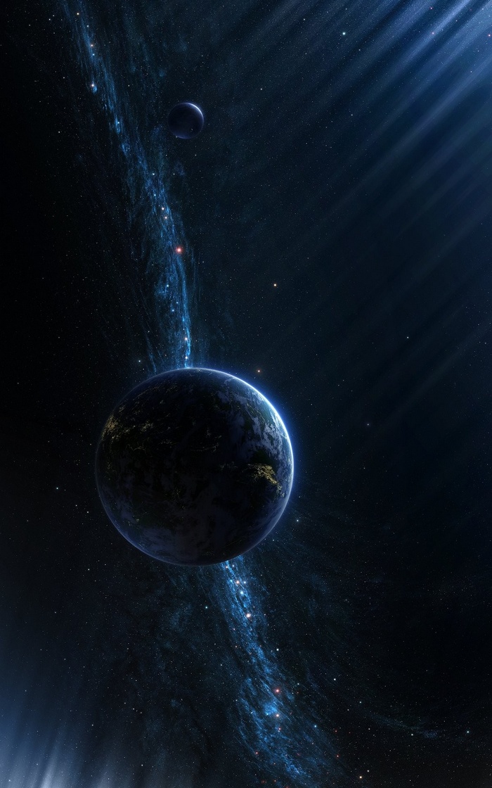 Planet and moon in a star-filled galaxy with nebula
