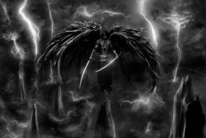 Dark angel with swords in a stormy sky