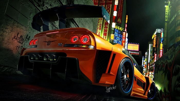 Orange Nissan GTR R33 with Transformers logo in Tokyo