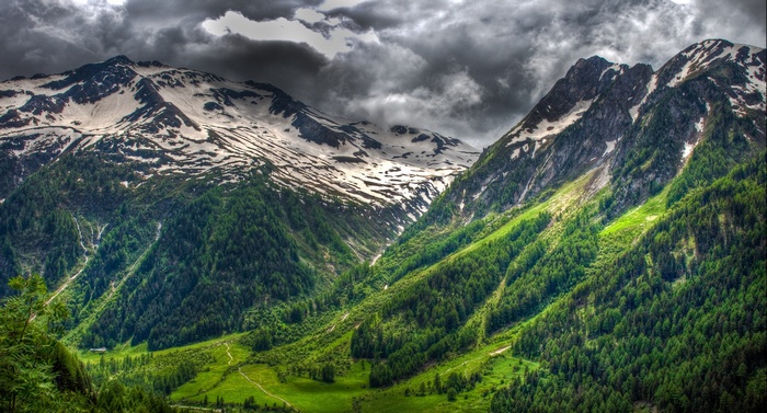 Snowy peaks and green forests in the Swiss Alps