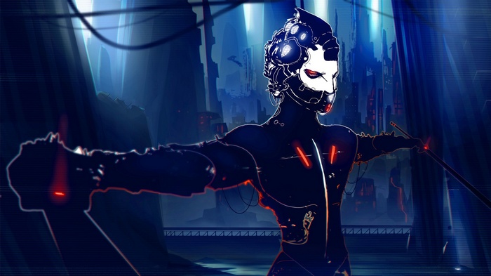 Cyberpunk cyborg with sword in futuristic city