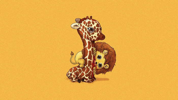 Cartoon giraffe and lion with bloody wound
