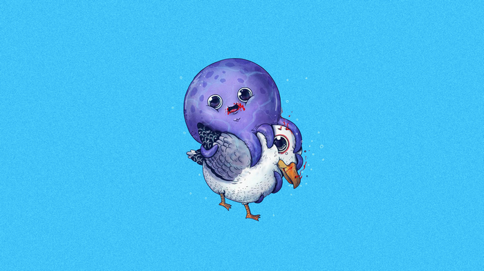 Purple octopus attacking a pigeon