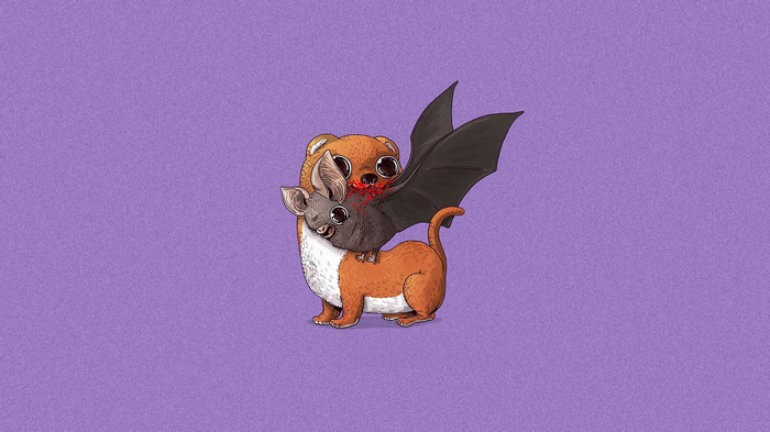 Bat biting a weasel on a purple background